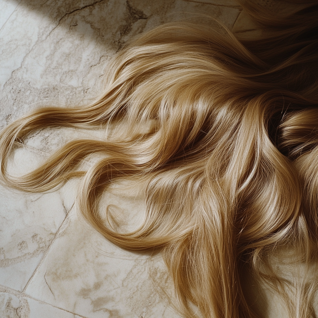 Golden blonde hair lying on a linoleum floor | Source: Midjourney