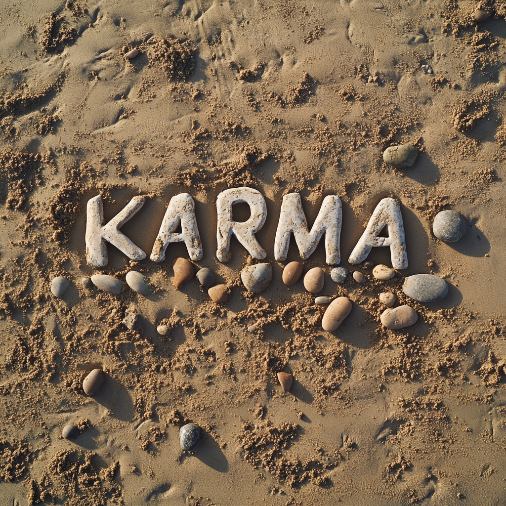 Foto de drone em close-up da palavra "KARMA" em uma praia de areia | Fonte: Midjourney