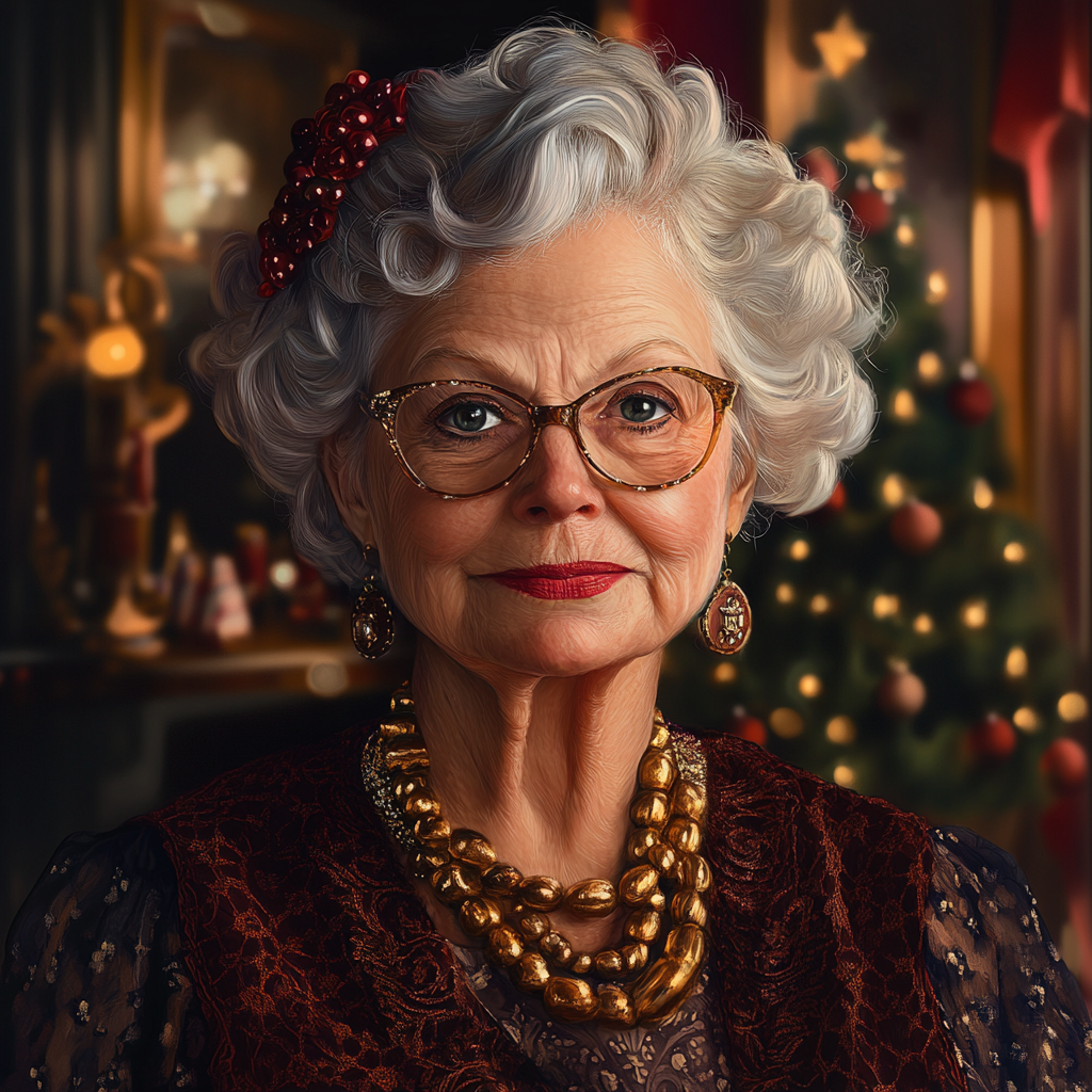 An older woman at a Christmas party | Source: Midjourney