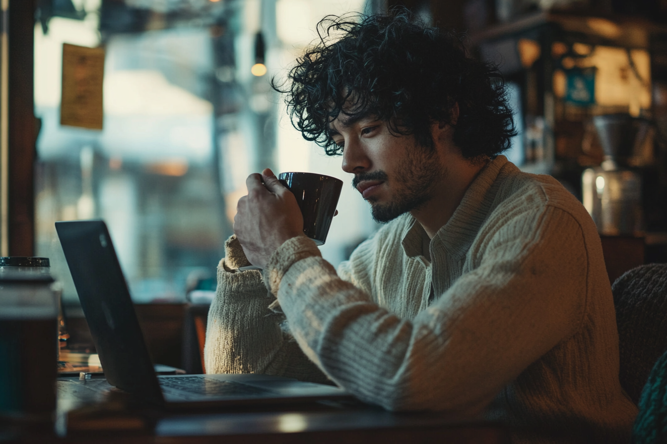 A man drinks coffee while working on his laptop at a coffee shop | Source: Midjourney