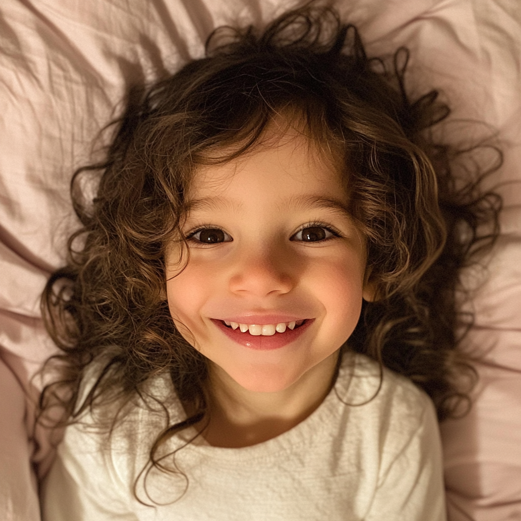 Uma menina sorridente em uma cama | Fonte: Midjourney