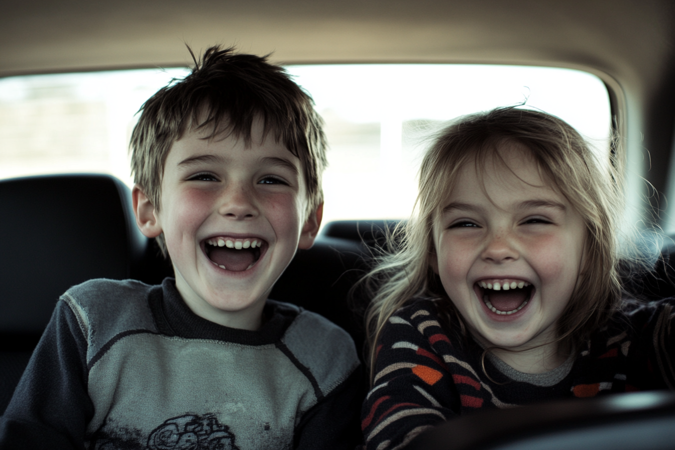 Happy and excited kids in the backseat of a car | Source: Midjourney