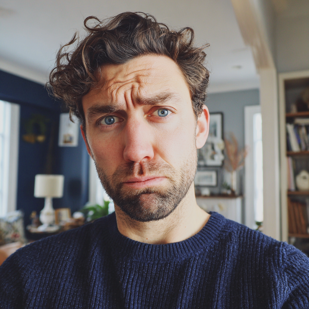 A close up of a frowning man wearing a navy sweater | Source: Midjourney