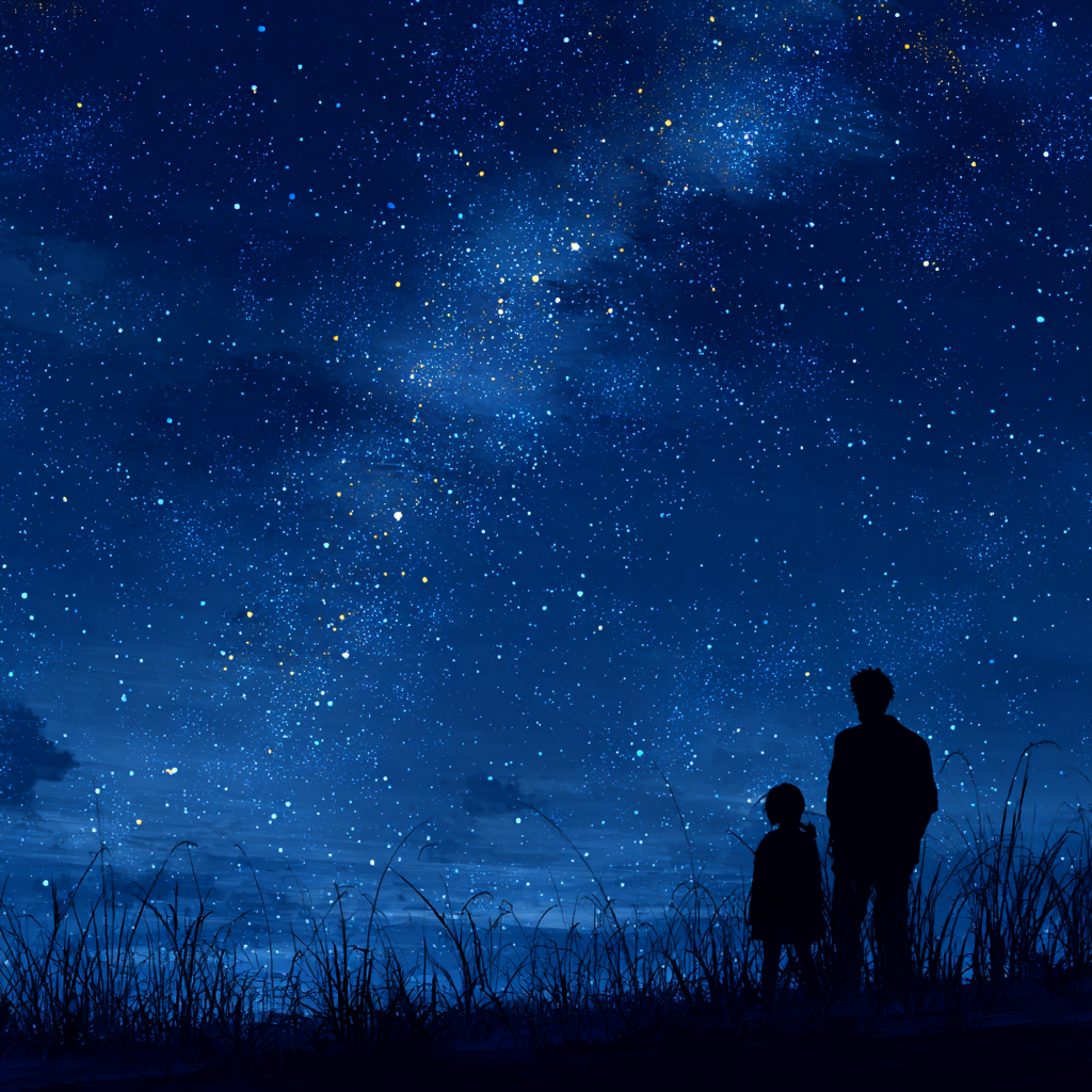 Silhouette of a man and a little girl watching the night sky drizzled with stars | Source: Midjourney