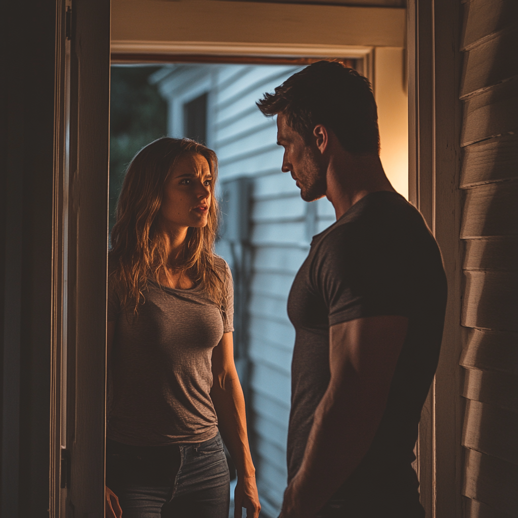 An angry man talking to a woman on his doorstep | Source: Midjourney