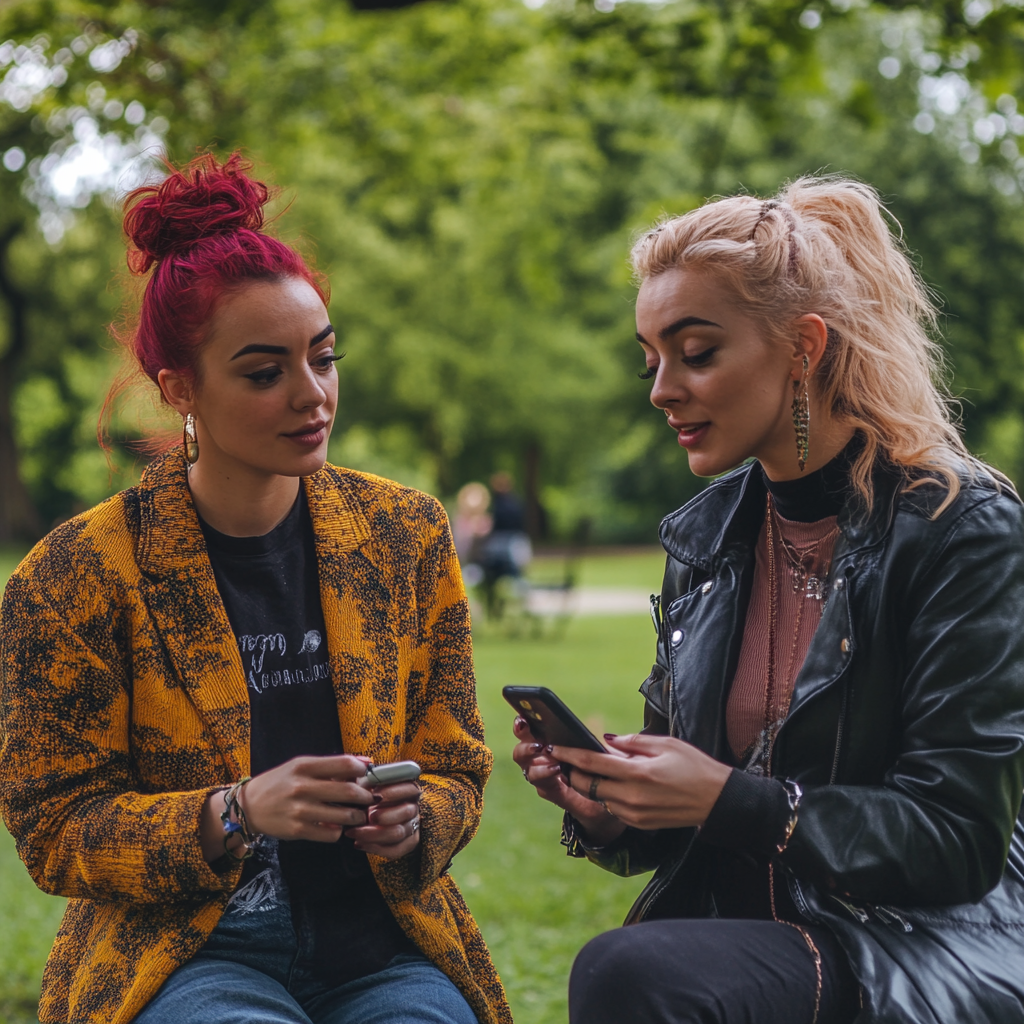 Women seated in the park having a chat | Source: Midjourney