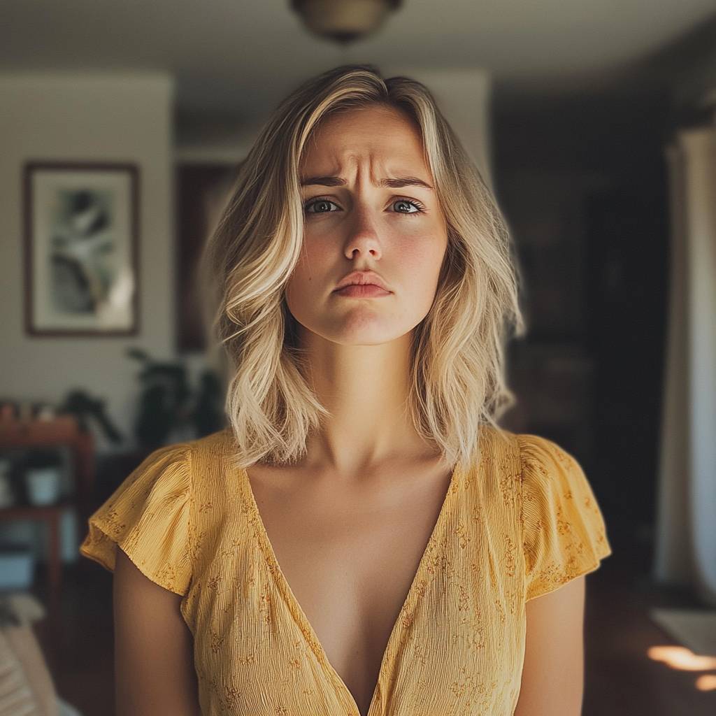 A frowning woman standing in a living room | Source: Midjourney