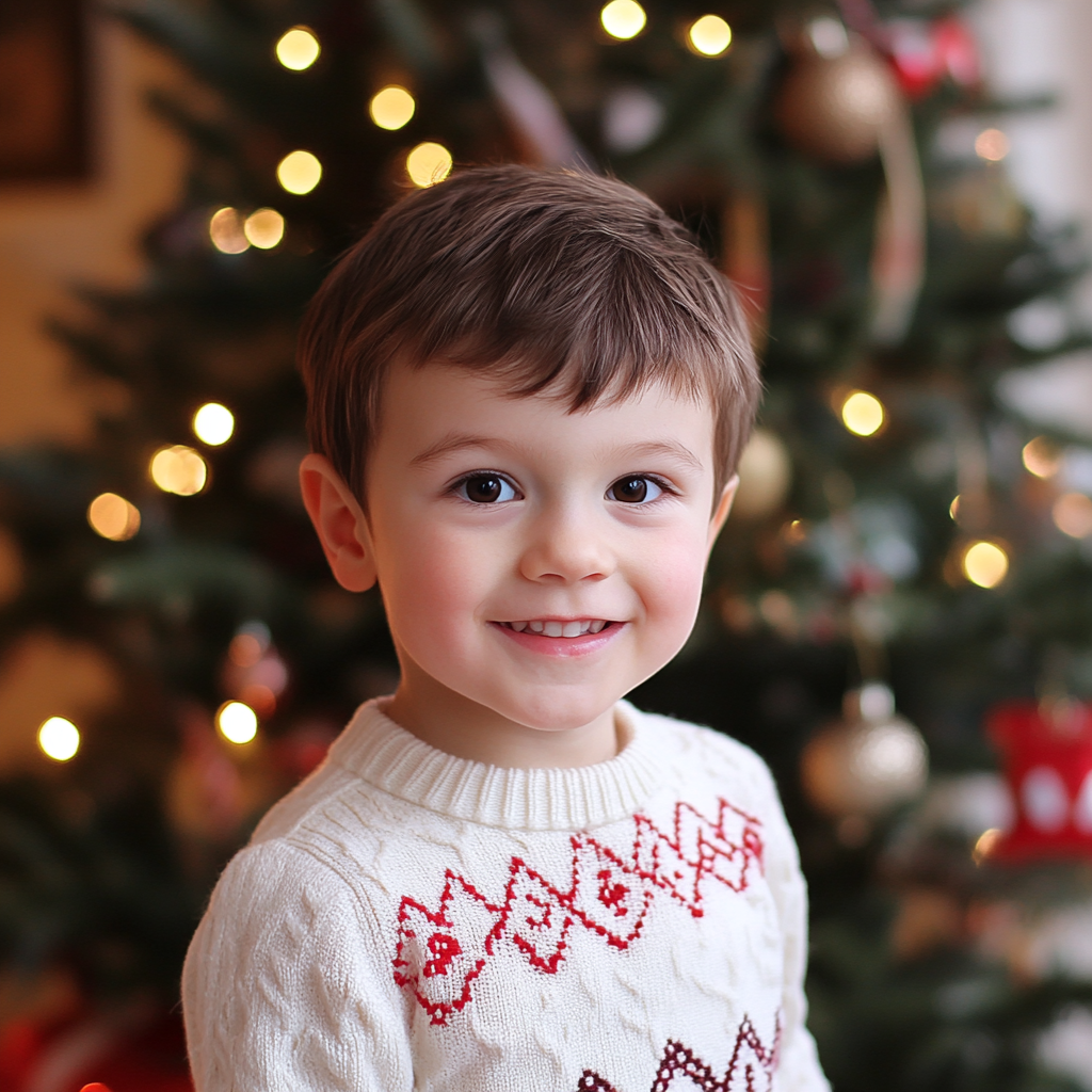 A boy standing near a Christmas tree | Source: Midjourney