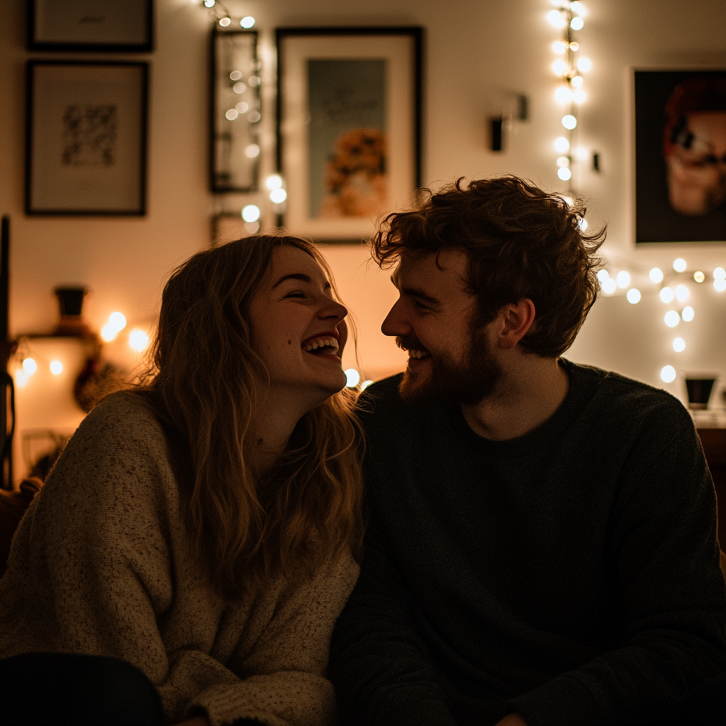 A laughing couple in their living room | Source: Midjourney