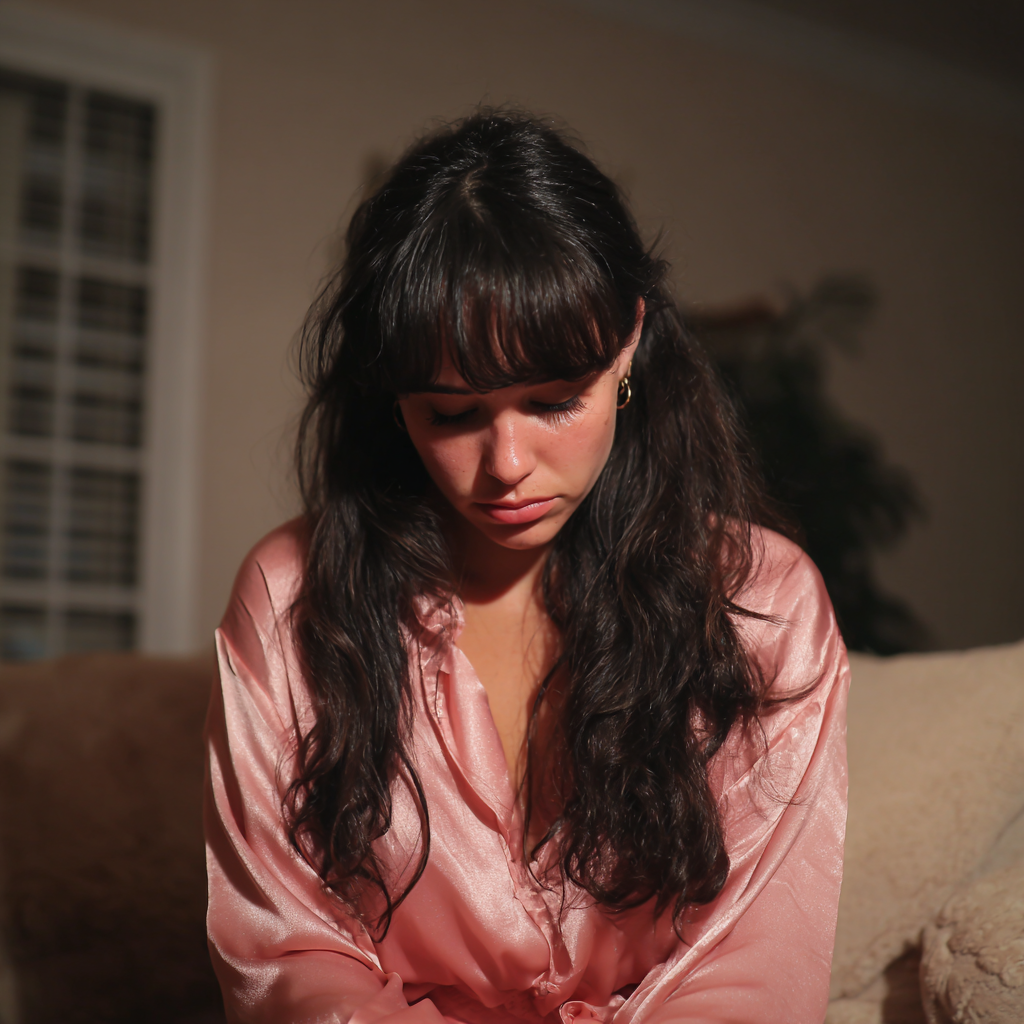 An upset woman sitting on a couch in a pink blouse | Source: Midjourney