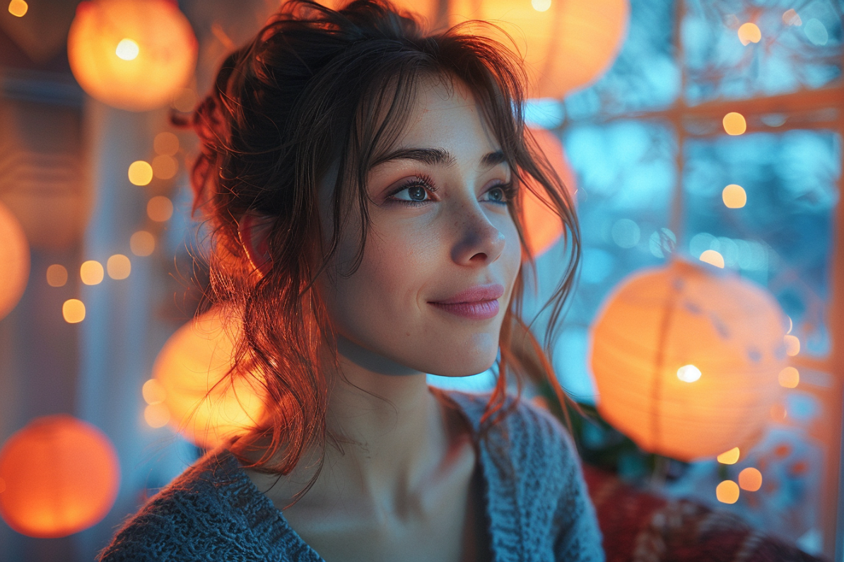 A woman in an apartment with decorations in the background | Source: Midjourney