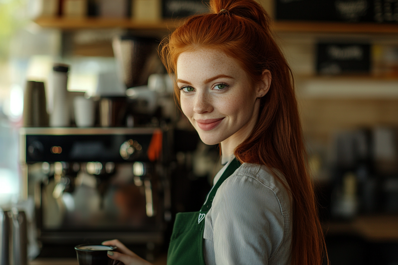 A woman smiling in a barista uniform, holding a coffee cup | Source: Midjourney