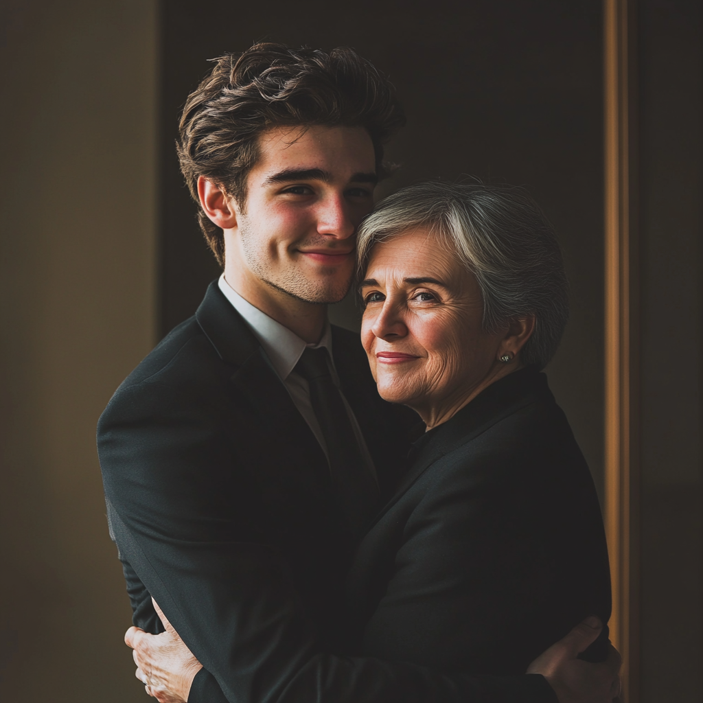 A proud elderly teacher hugging a young man who was once her student | Source: Midjourney