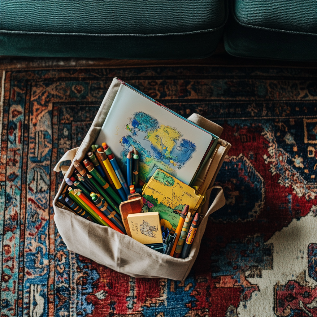 Children's books and crayons in a bag | Source: Midjourney