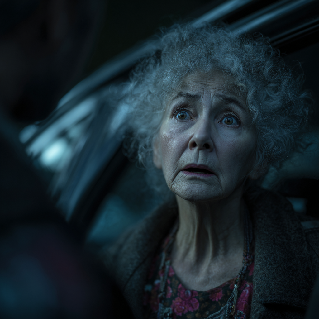 A terrified elderly woman | Source: Midjourney