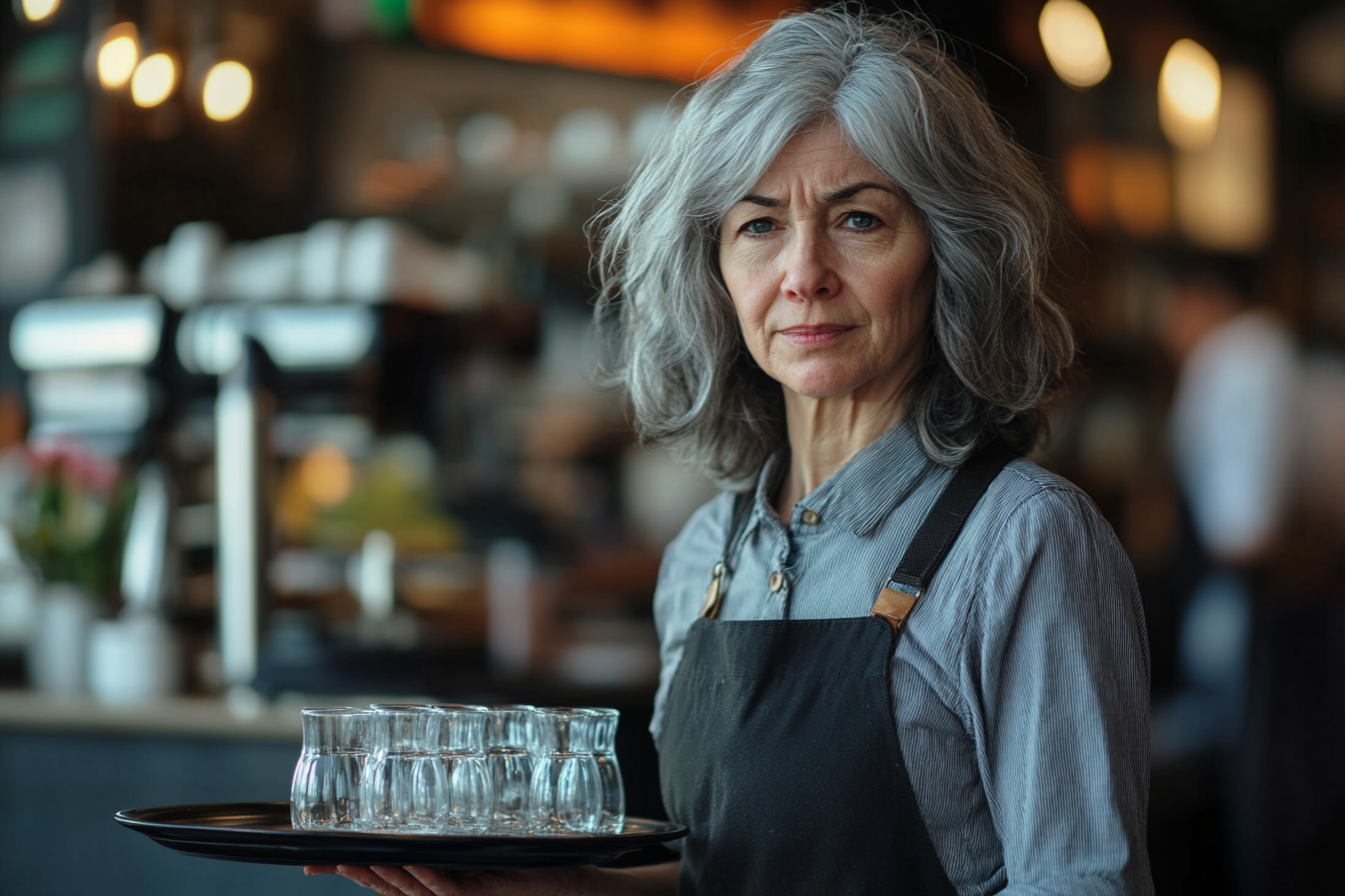 A mature waitress with a troubled expression | Source: Midjourney