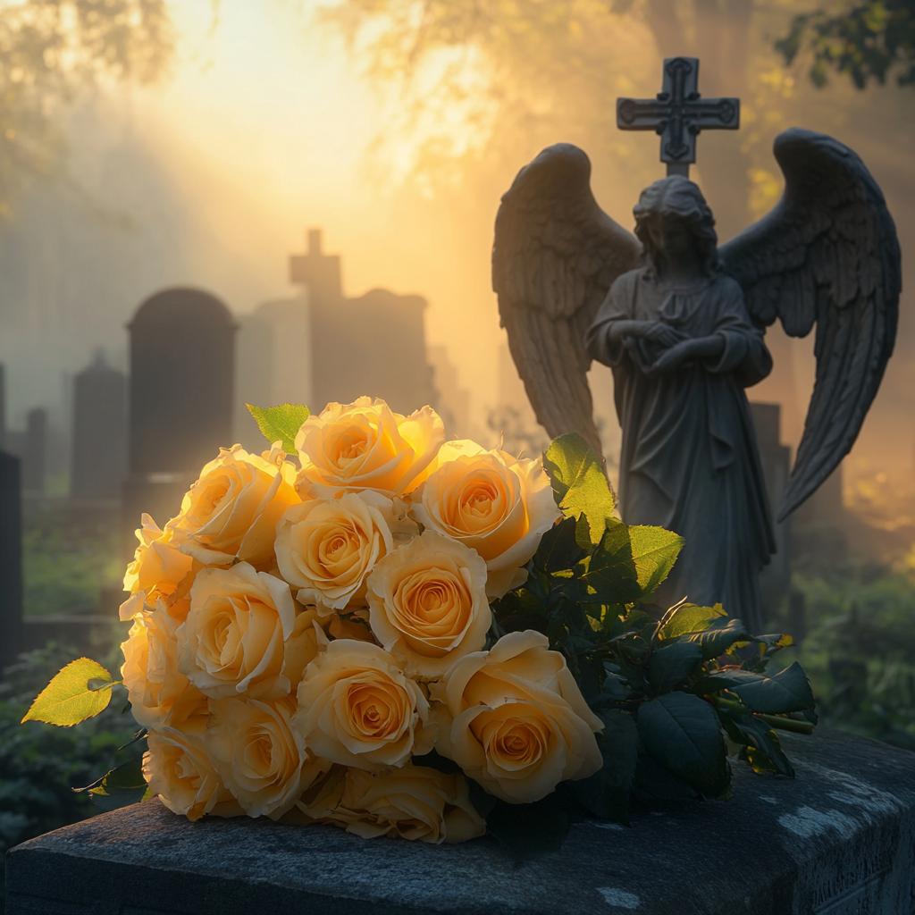 A bouquet of yellow roses on a gravestone | Source: Midjourney