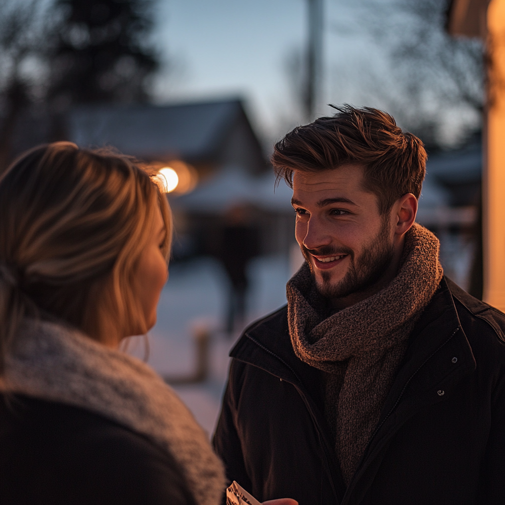 A man talking to a woman on a Christmas fair | Source: Midjourney