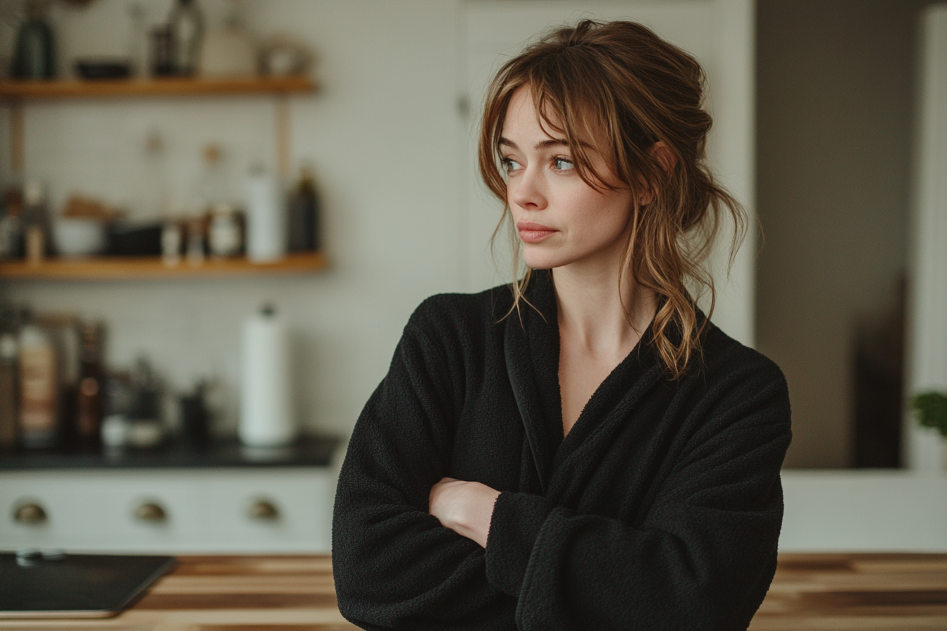 A thoughtful woman standing in a kitchen with her arms crossed | Source: Midjourney