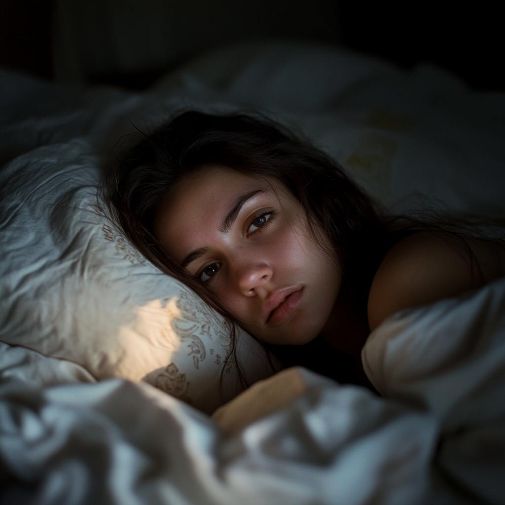 Une femme pensive dans son lit ⏐ Source : Midjourney