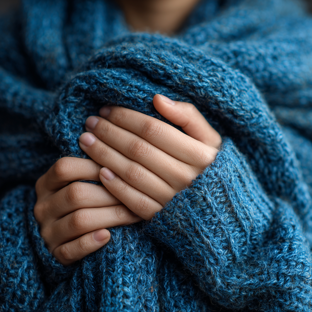A woman holding something bundled in a blue blanket | Source: Midjourney
