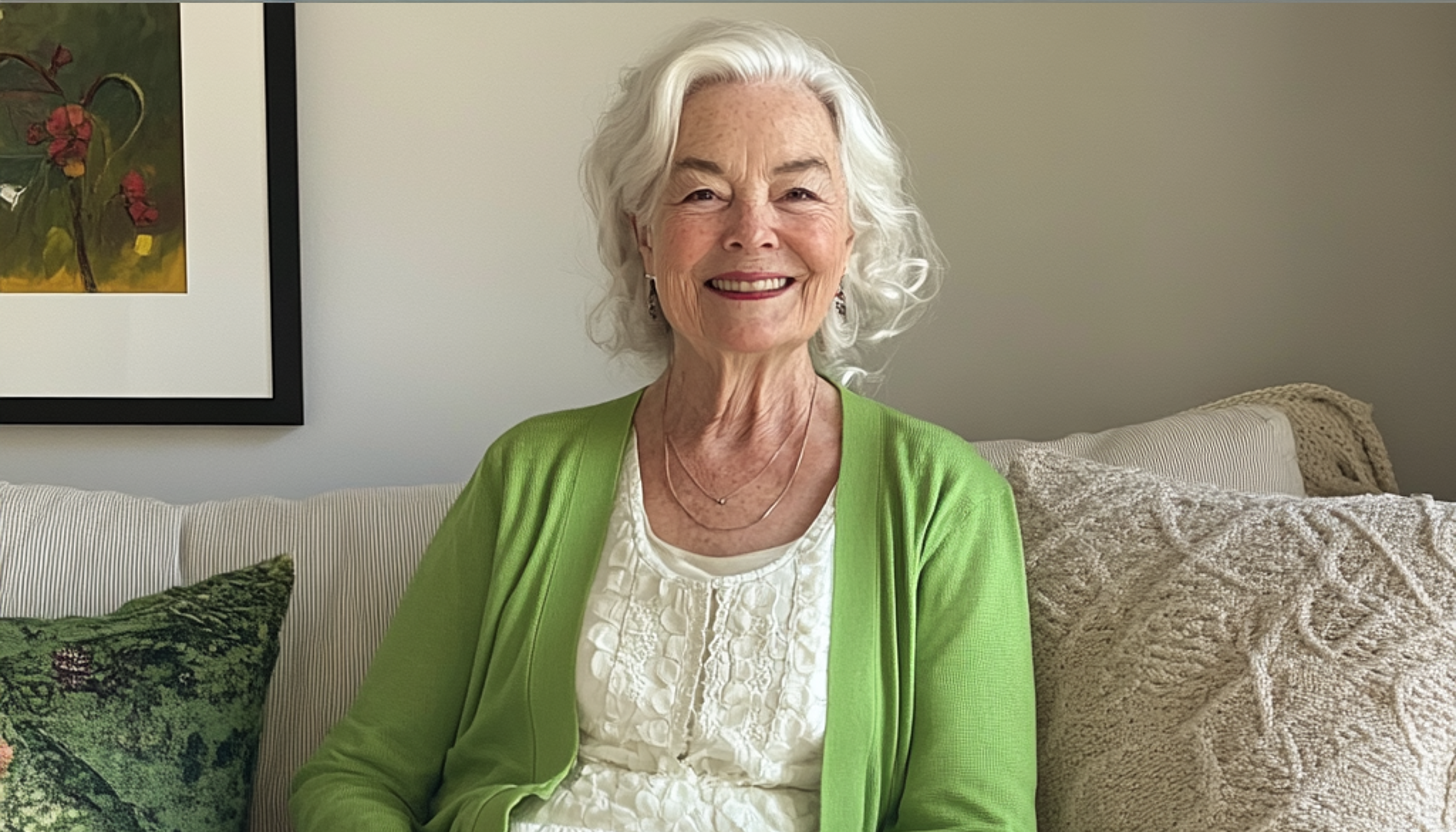 A smiling old lady sitting on a couch | Source: Midjourney