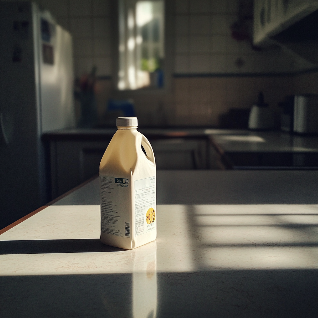 A bottle of milk on a kitchen counter | Source: Midjourney