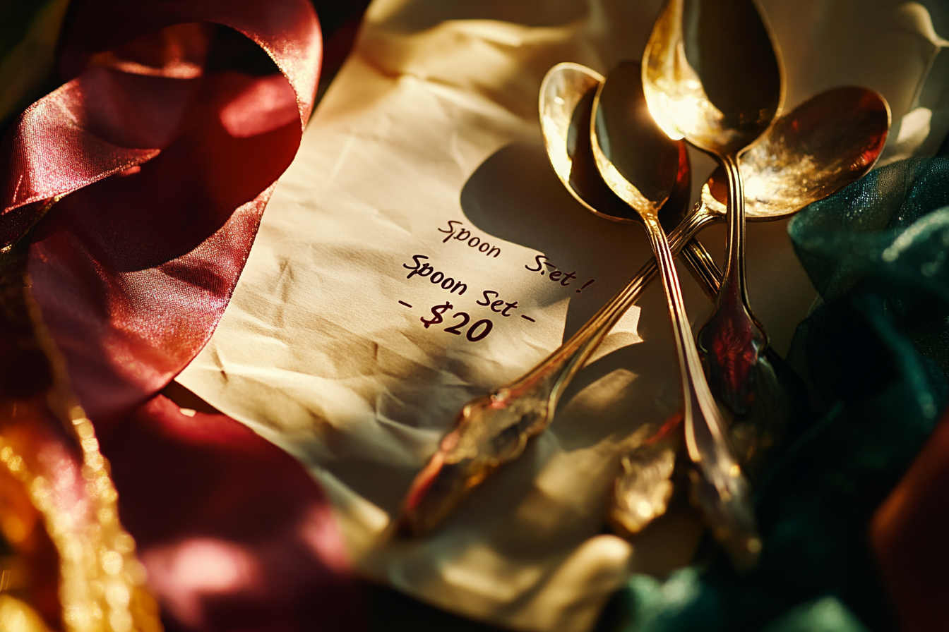 Spoons next to a piece of paper that says "Spoon Set - $20" | Source: Midjourney