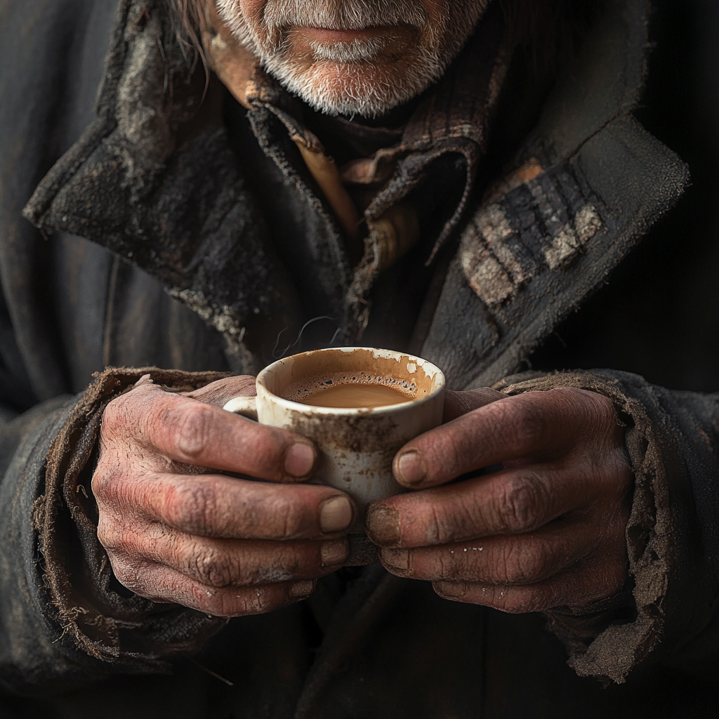 Close up shot of a homeless man with frostbitten hands | Source: Midjourney