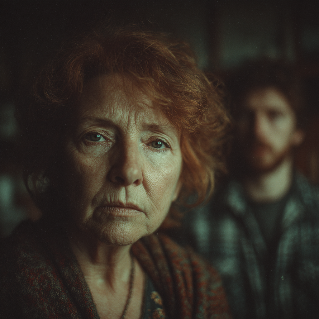 An unhappy woman in the foreground with her son in the background | Source: Midjourney