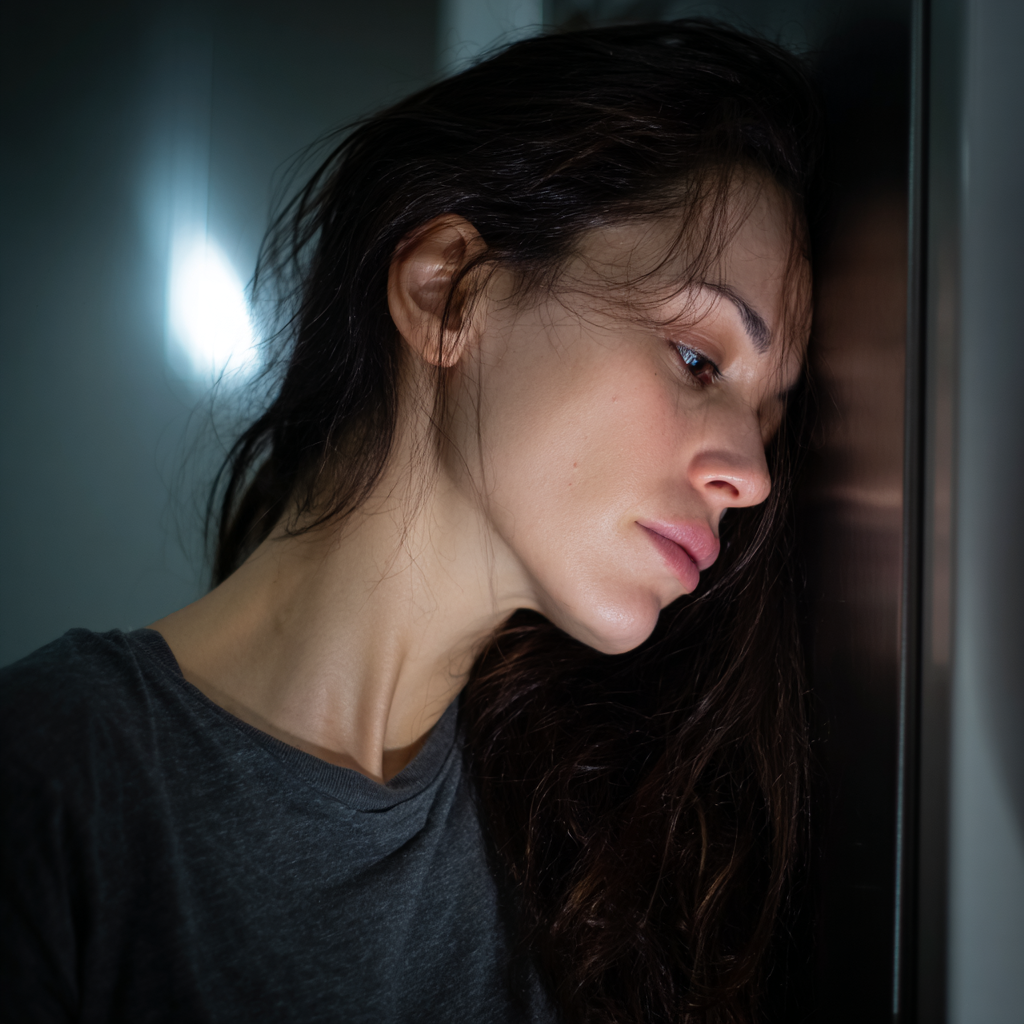 An upset woman leaning against a fridge | Source: Midjourney
