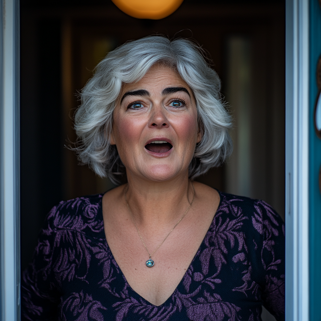 A surprised senior woman standing in her doorway | Source: Midjourney