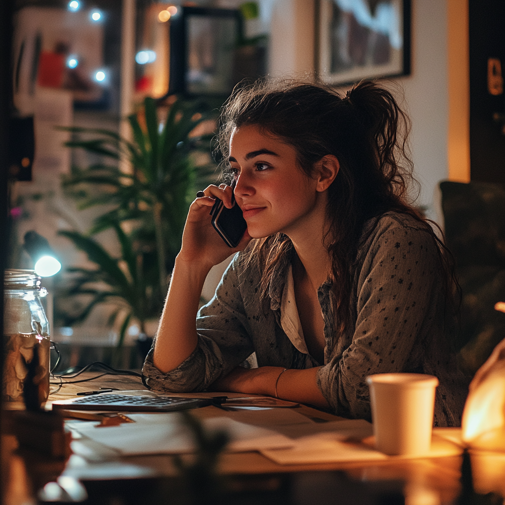 Woman in her office talking on phone | Source: Midjourney