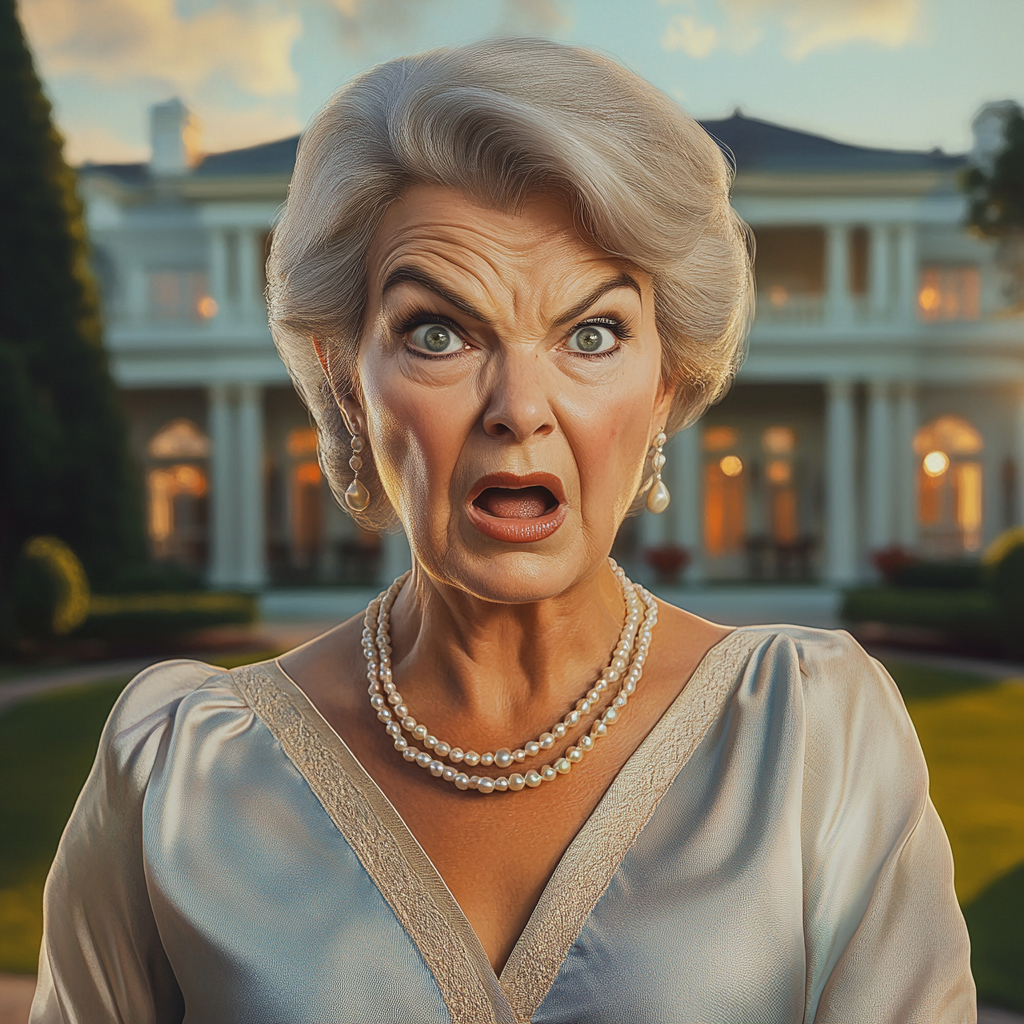 A shocked older lady standing outside her mansion | Source: Midjourney