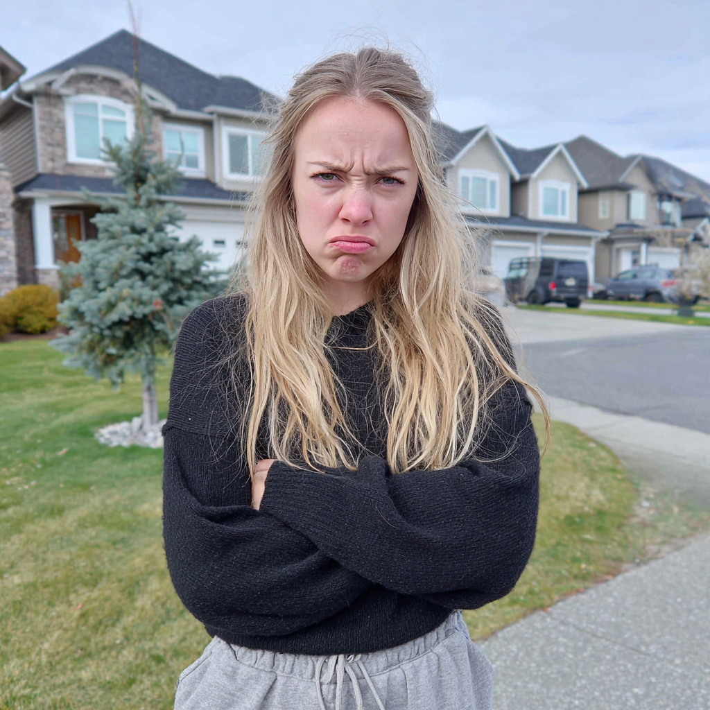 An angry woman standing outside a house | Source: Midjourney