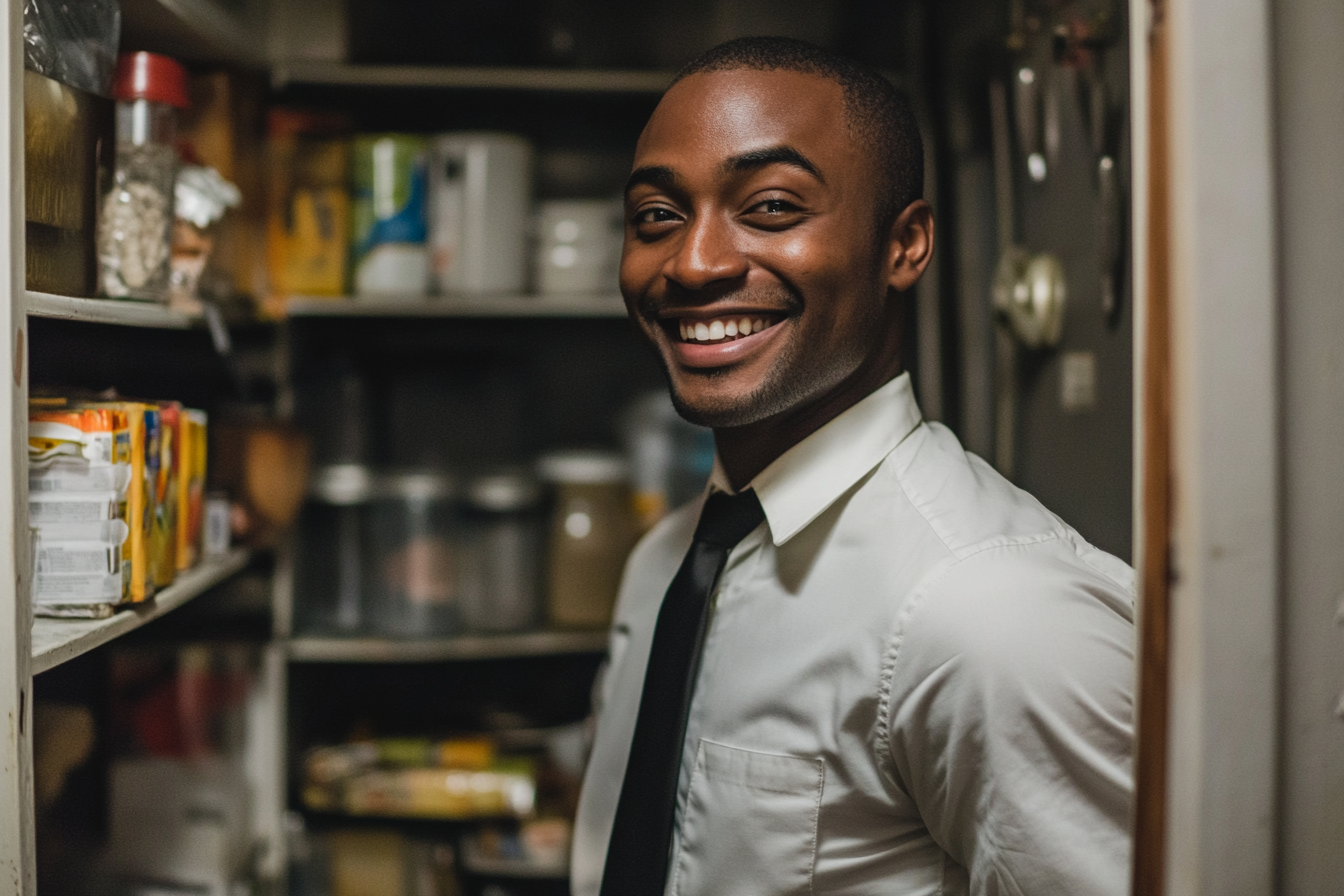 A man smiling in a cramped home pantry | Source: Midjourney