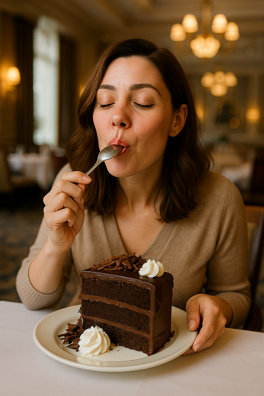 A woman enjoying a massive slice of cake | Source: DALL-E