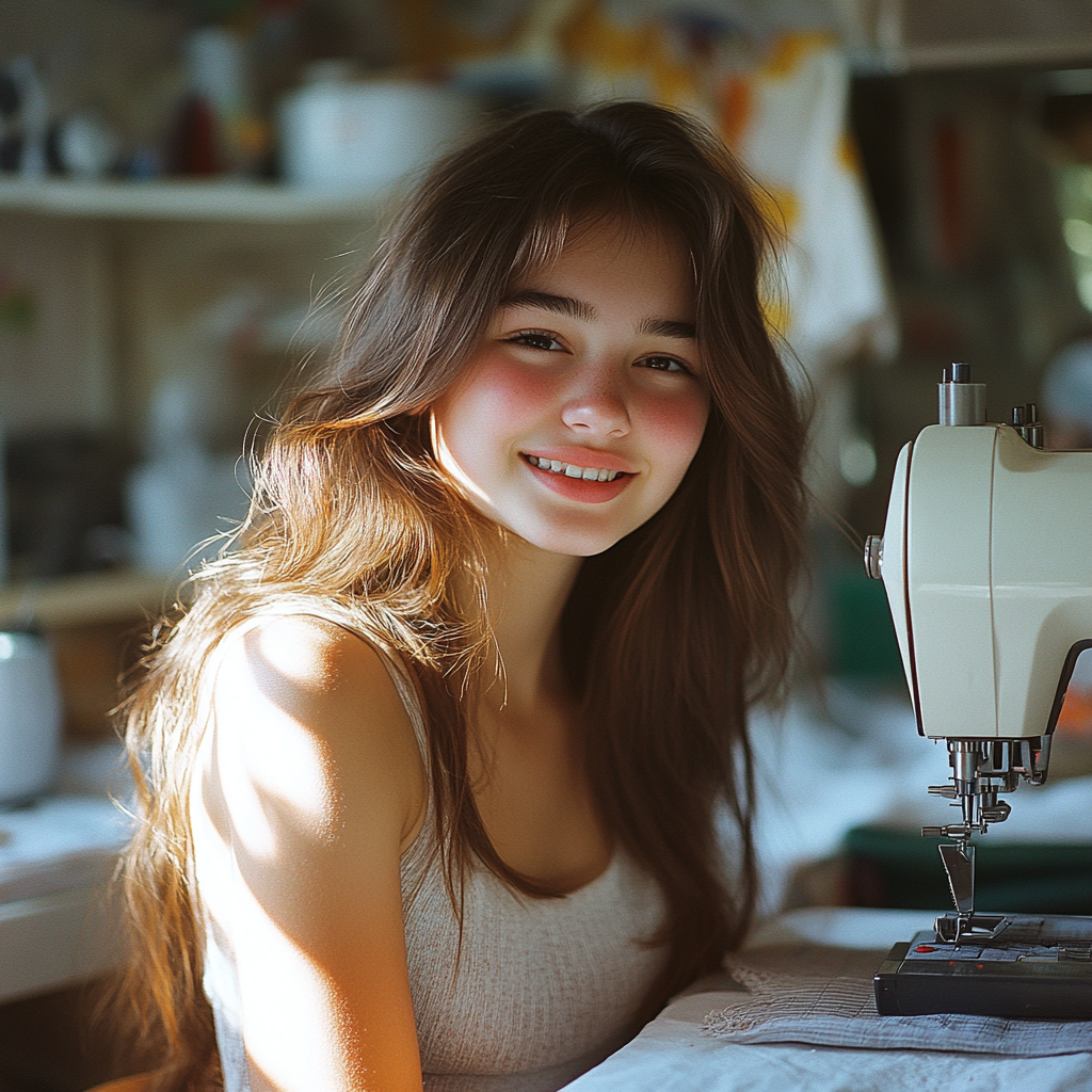 Une fille heureuse avec sa machine à coudre | Source : Midjourney