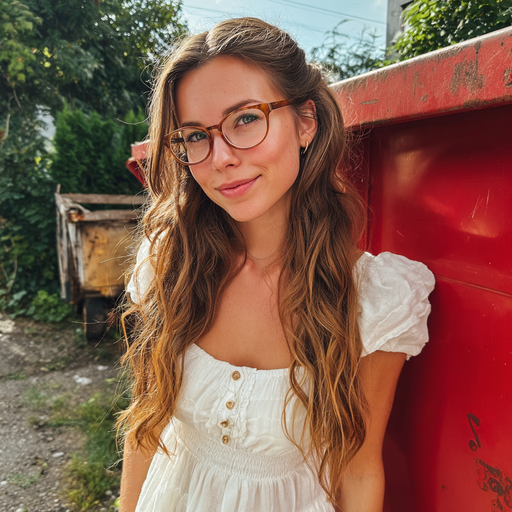A woman standing next to a red dumpster | Source: Midjourney