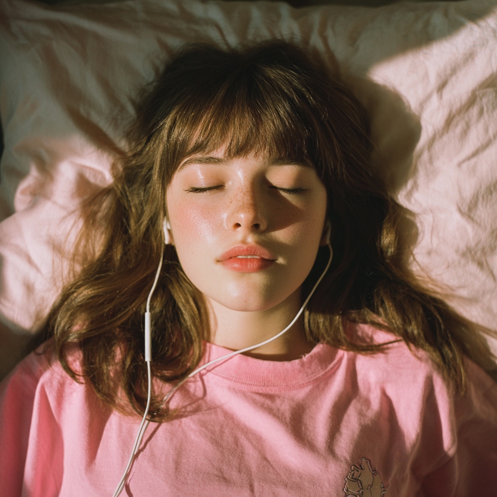 A teenage girl laying on her bed and listening to music | Source: Midjourney