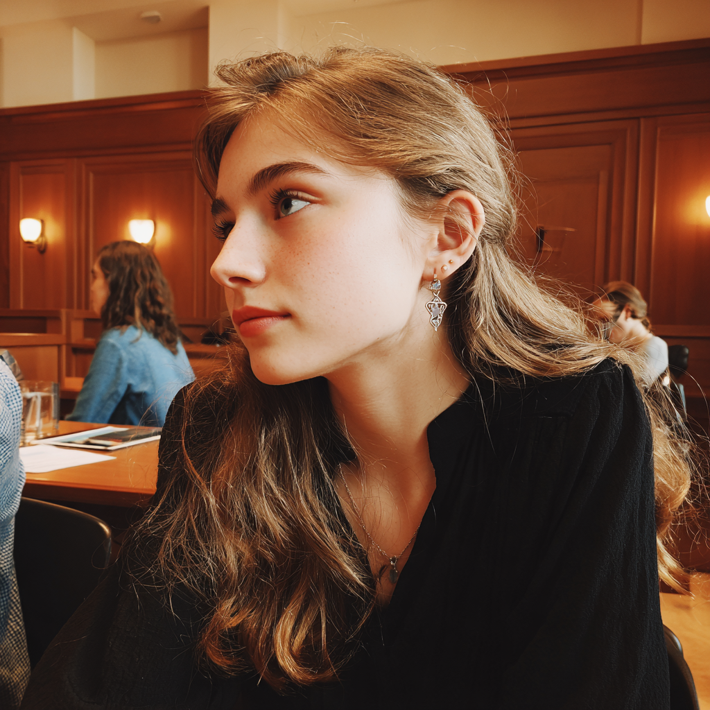 A teenage girl sitting in a courtroom | Source: Midjourney