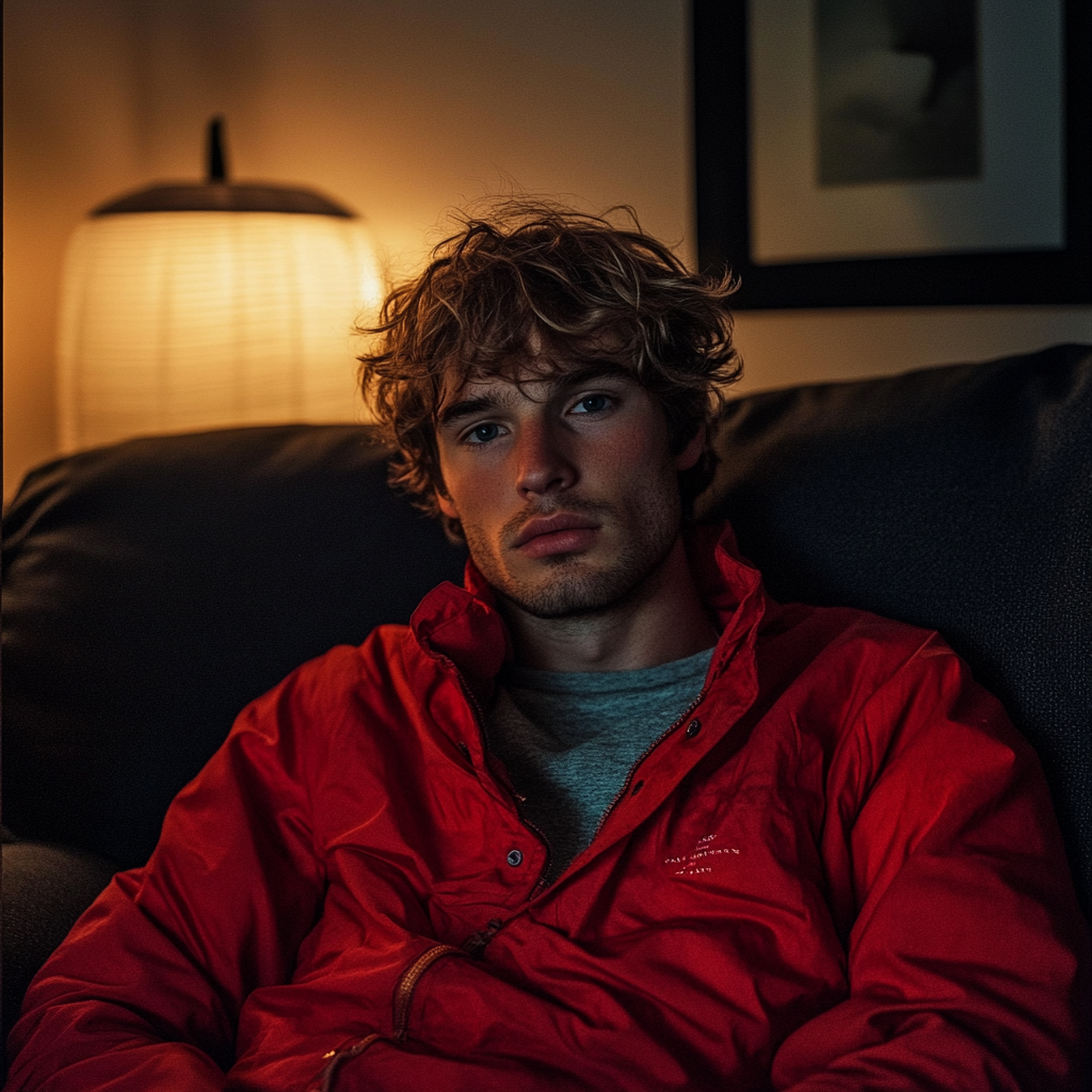 A man sitting on a couch wearing a windbreaker | Source: Midjourney