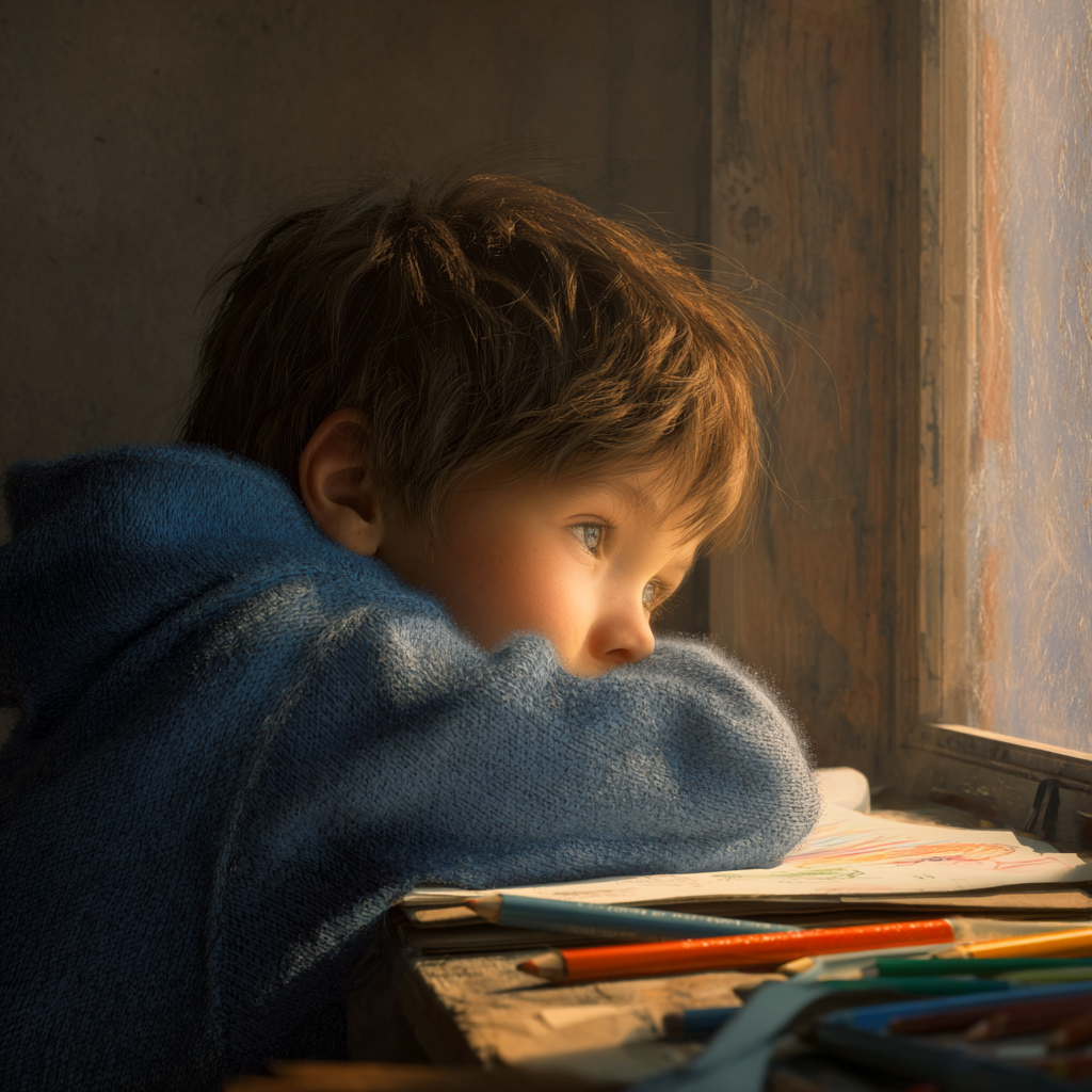 Smutny chłopiec siedzący przy oknie | Źródło: Midjourney
