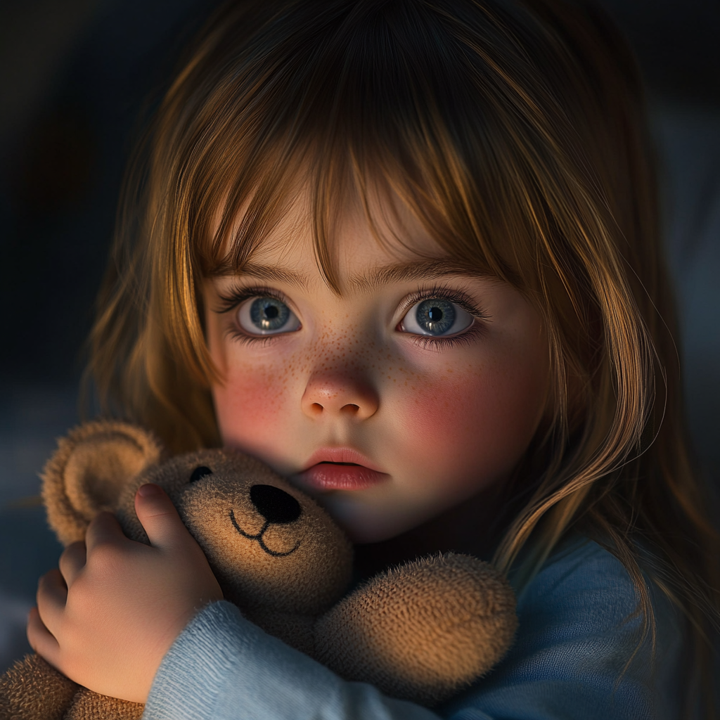 A little girl holding her teddy bear | Source: Midjourney