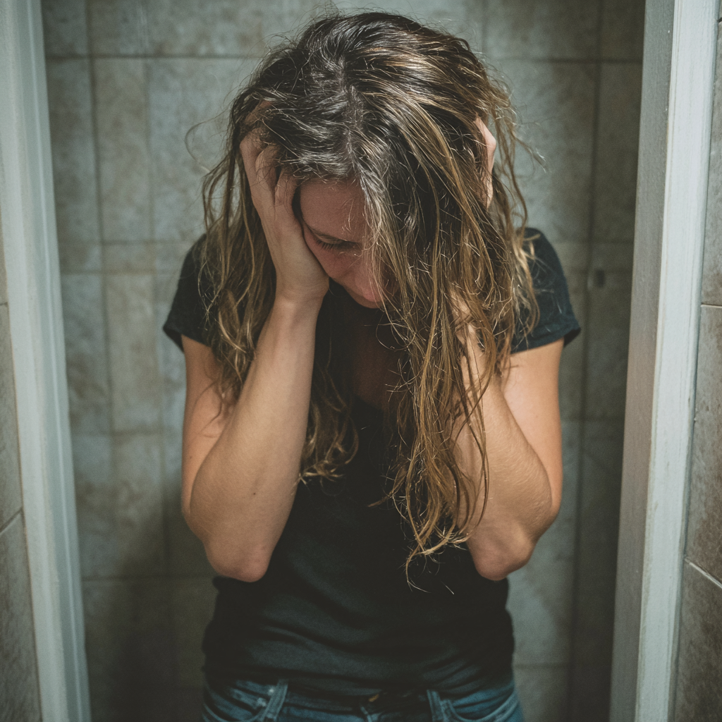 An emotional woman standing in a bathroom | Source: Midjourney