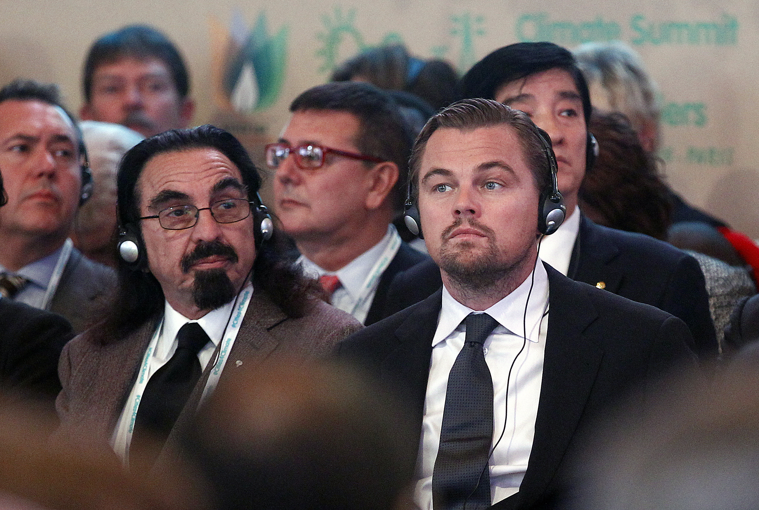 Leonardo DiCaprio and his father George DiCaprio at a Summit of Local elected for Climate at the Paris city hall on December 4, 2015 | Source: Getty Images