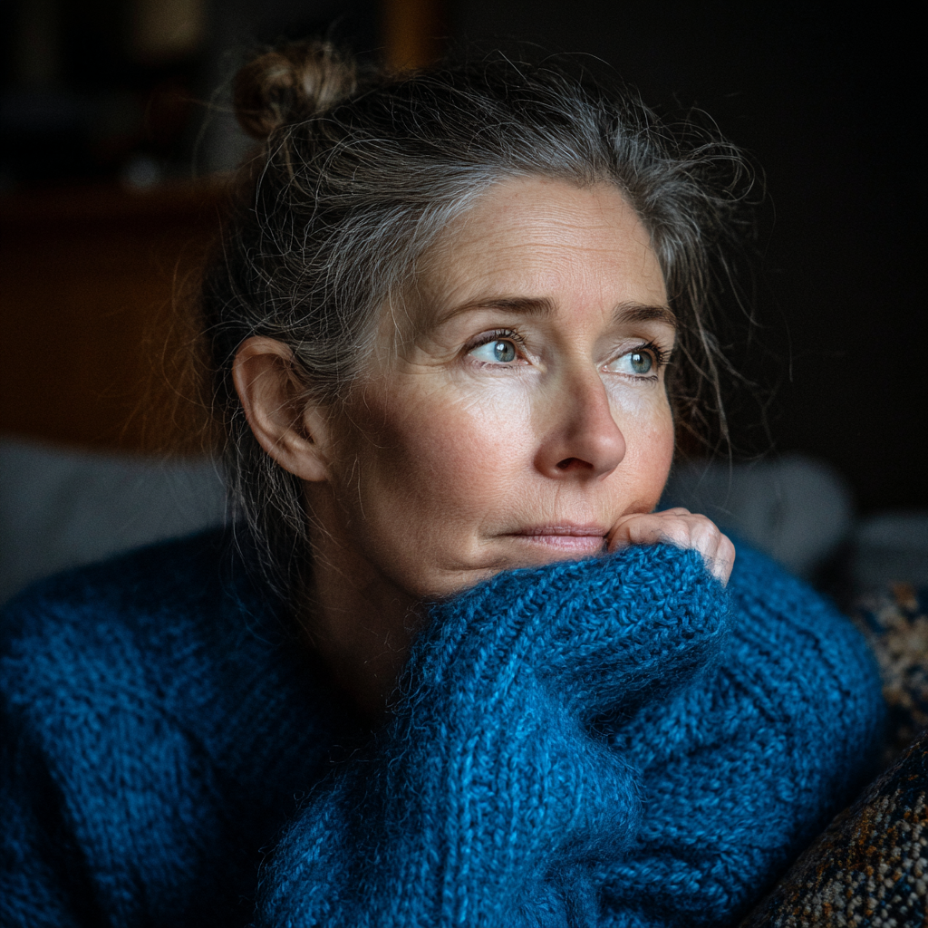 An emotional woman wearing a blue jersey | Source: Midjourney