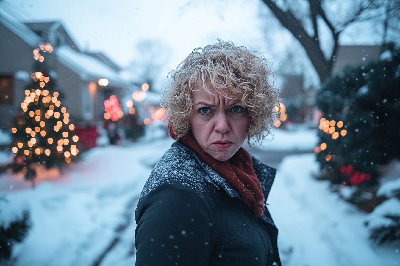 An angry blonde woman standing in a snowy yard | Source: Midjourney