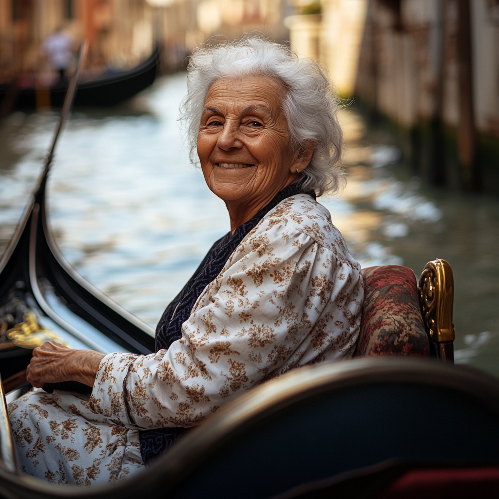 A happy woman in a gondola | Source: Midjourney