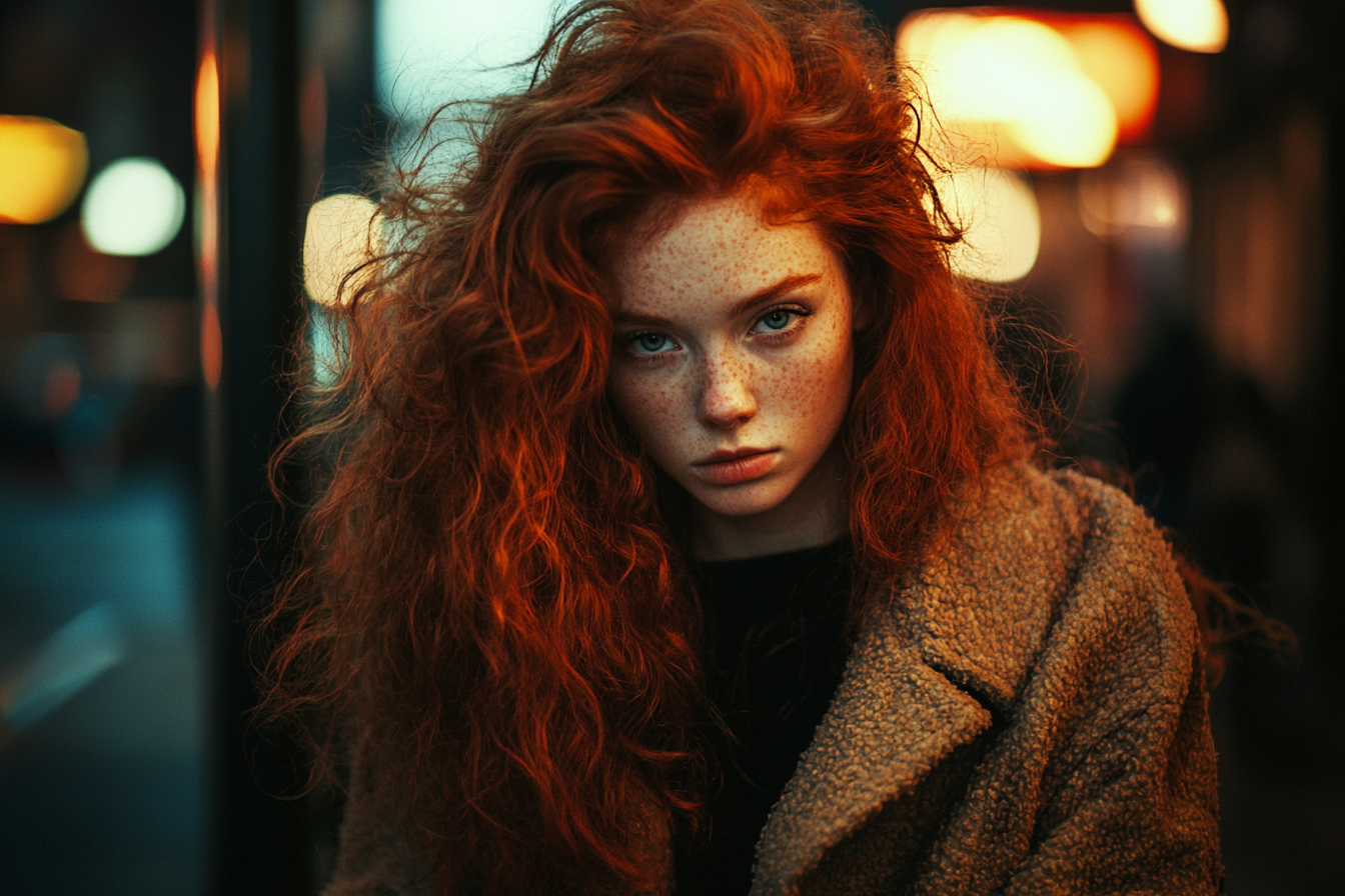 A red-haired woman walks alone down a street at night looking sad | Source: Midjourney